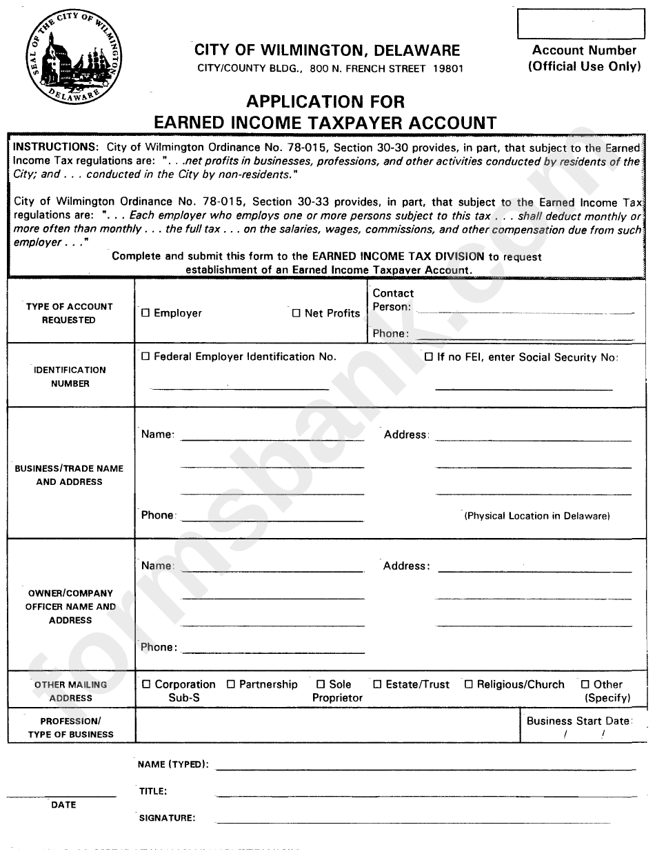 Application For Earned Income Taxpayer Account - City Of Wilmington, Delaware