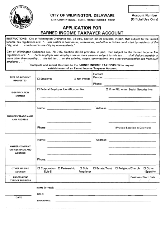 Application For Earned Income Taxpayer Account - City Of Wilmington, Delaware Printable pdf