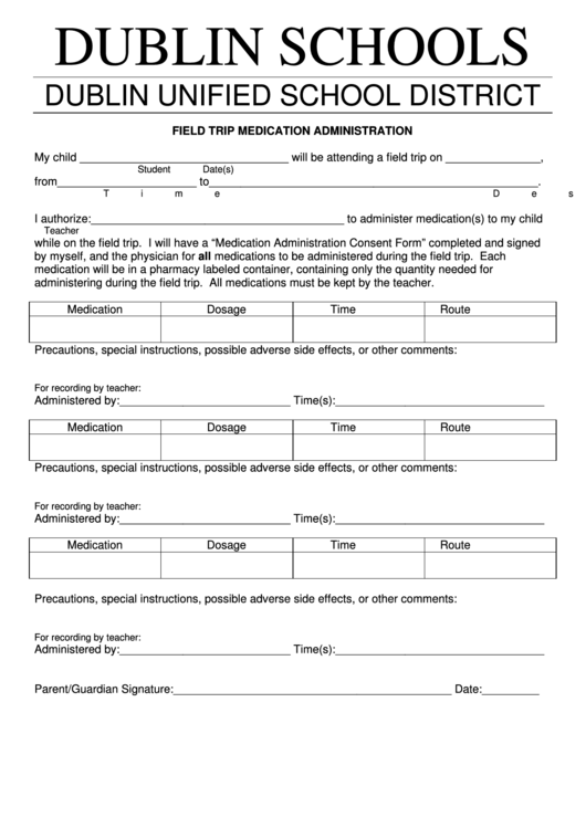 Fillable Field Trip Medication Administration Form Printable pdf