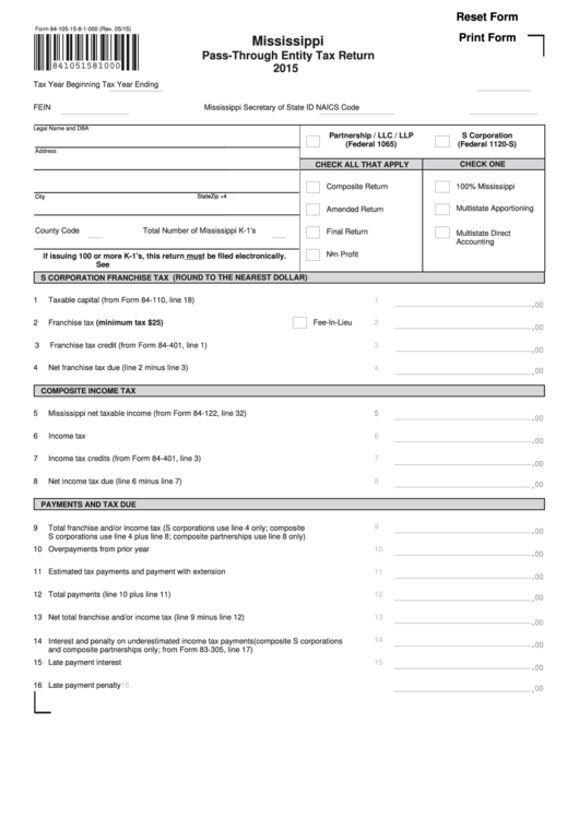 Fillable Form 84-105-15-8-1-000 - Pass-Through Entity Tax Return - 2015 Printable pdf