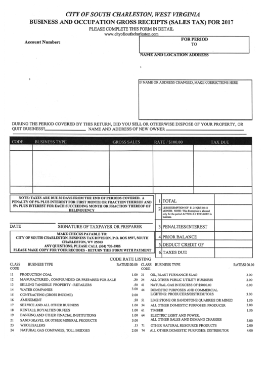 Business And Occupation Gross Receipts (Sales Tax) Form - City Of South Charleston, West Virginia - 2017 Printable pdf