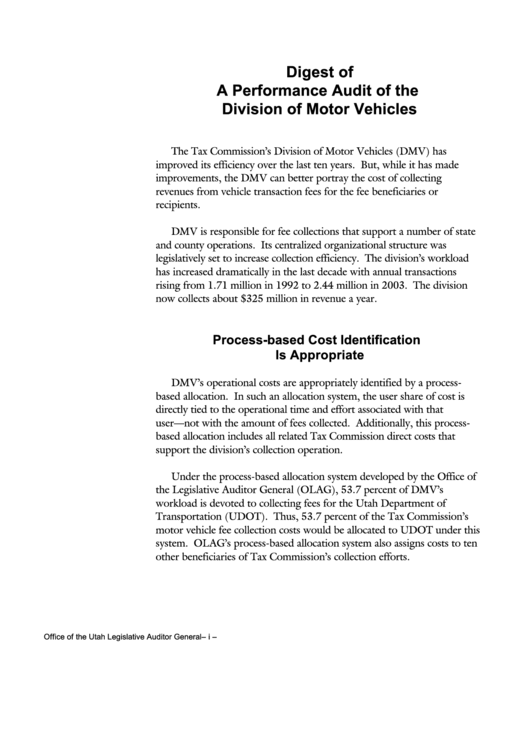 Digest Of A Performance Audit Of The Division Of Motor Vehicles Instructions Printable pdf