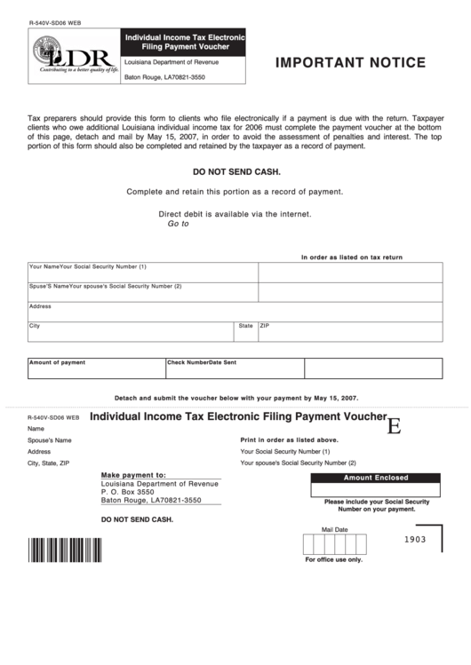 Fillable Form R-540v-Sd06 - Individual Income Tax Electronic Filing Payment Voucher Printable pdf