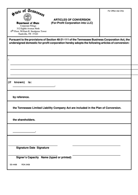 Form Ss-4498 - Articles Of Conversion (For-Profit Corporation Into Llc) Printable pdf