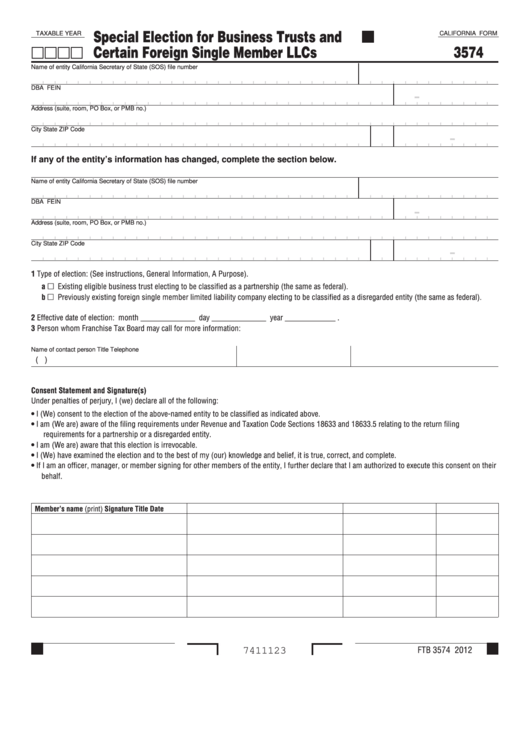 Fillable Form 3574 - Special Election For Business Trusts And Certain Foreign Single Member Llcs Printable pdf