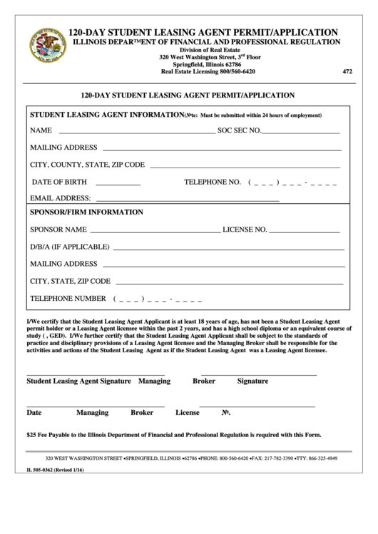 Form Il 505-0362 - 120-Day Student Leasing Agent Permit/application - 2016 Printable pdf