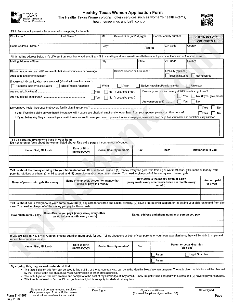 Form T-H1867 - Healthy Texas Women Application Form - Texas Health And Human Services Commission