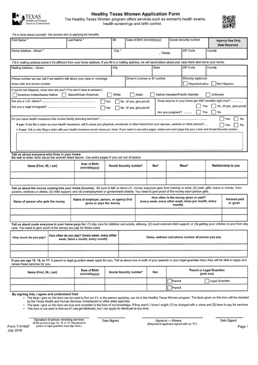 Form T-H1867 - Healthy Texas Women Application Form - Texas Health And Human Services Commission Printable pdf