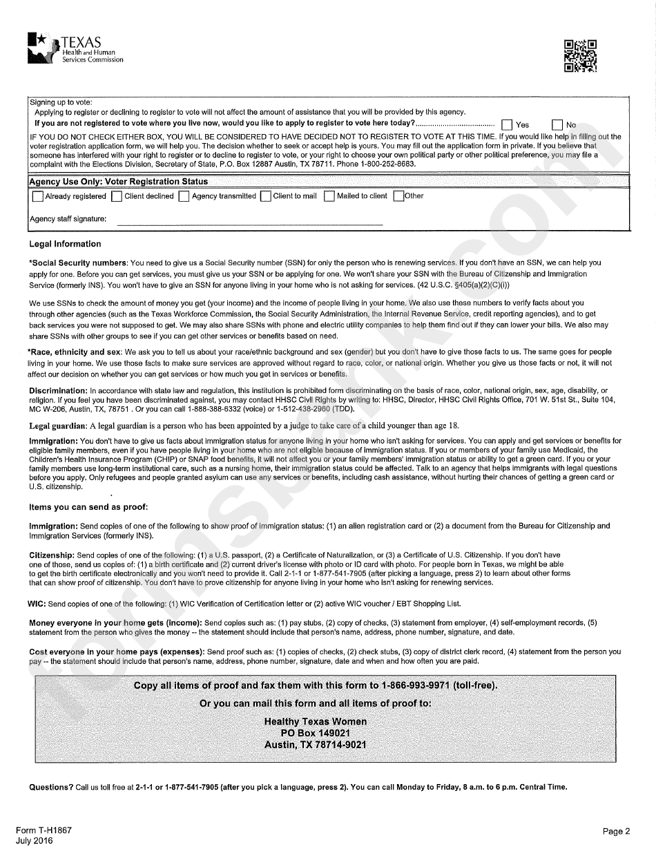 Form T-H1867 - Healthy Texas Women Application Form - Texas Health And Human Services Commission