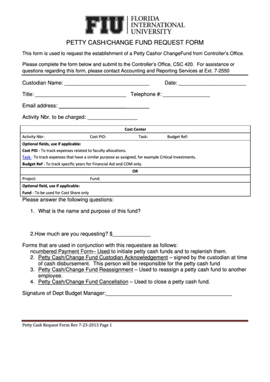 Fillable Florida University - Petty Cash / Change Fund Request Printable pdf
