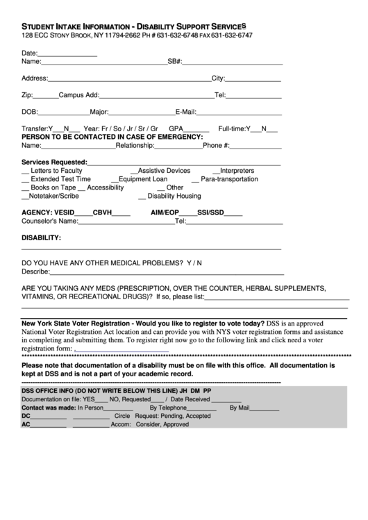Student Intake Information Disability Support Services printable pdf