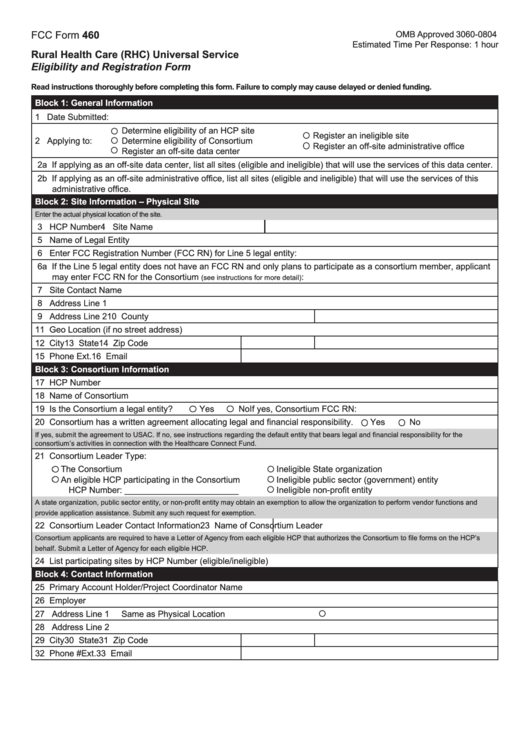 Fcc Form 460 - Rural Health Care (Rhc) Universal Service - Eligibility And Registration Form Printable pdf