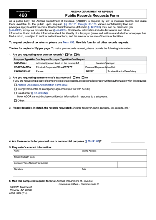 Fillable Form 460 - Public Records Requests Form - Arizona Department Of Revenue Printable pdf