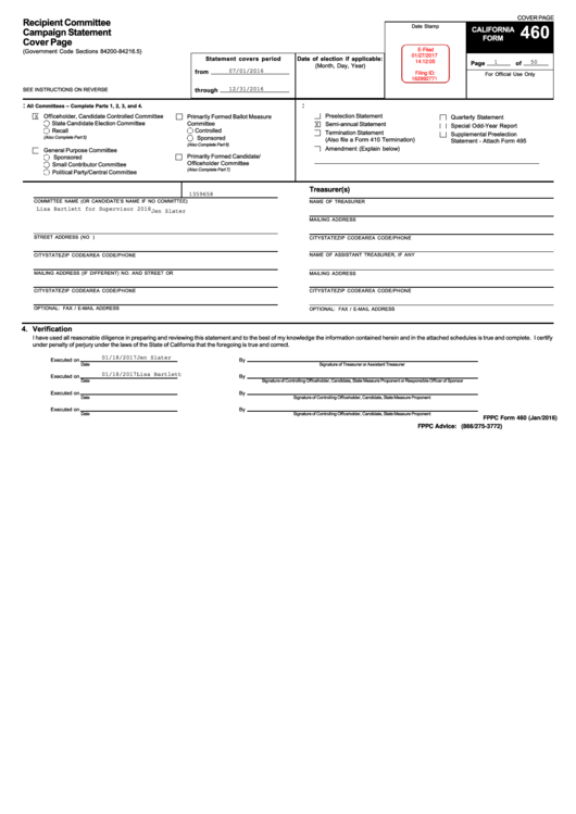 Form 460 - Recipient Committee Campaign Statement Cover Page Printable pdf