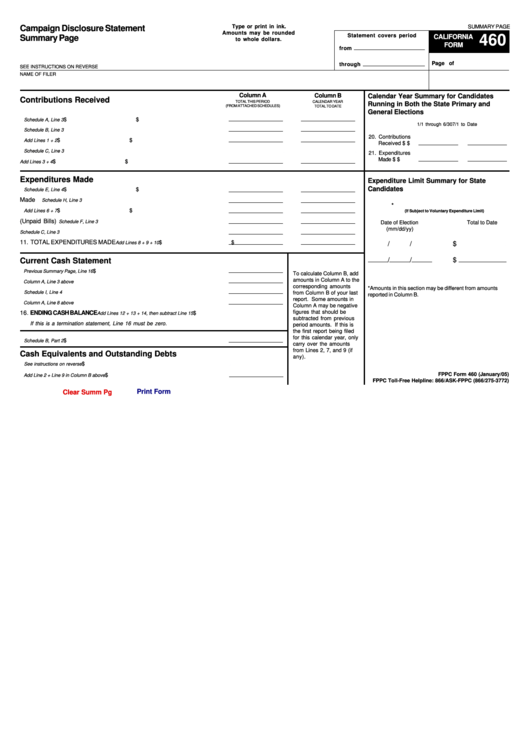 Fillable Form 460 - Campaign Disclosure Statement Summary Page Printable pdf
