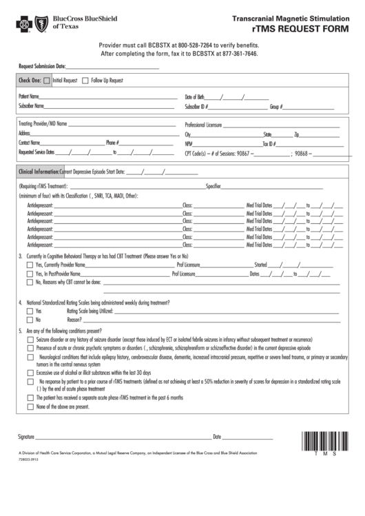 Fillable Repetitive Transcranial Magnetic Stimulation (Rtms) Request Form - Bluecross Blueshield Of Texas Printable pdf