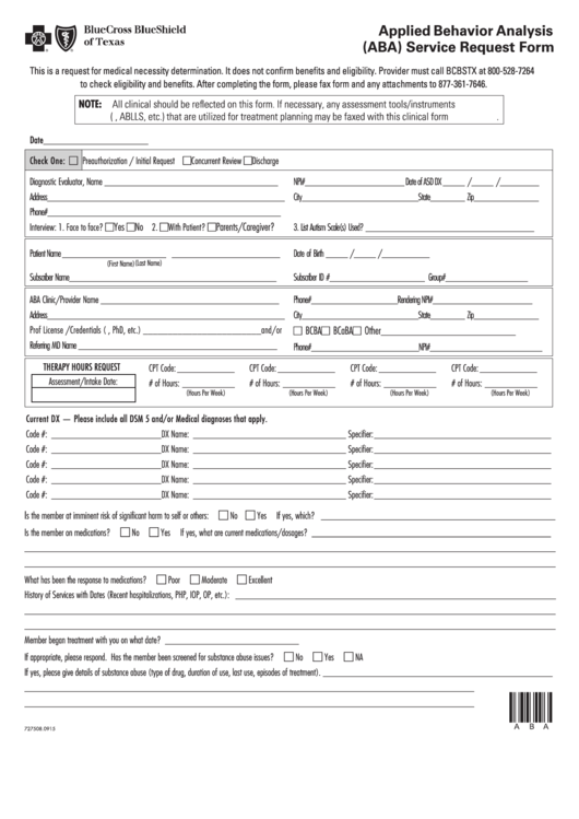 Fillable Applied Behavior Analysis (Aba) Service Request Form - Bluecross Blueshield Of Texas Printable pdf