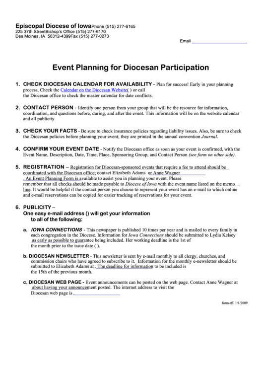 Event Planning For Diocesan Participation Sample - Episcopal Diocese Of Iowa Printable pdf
