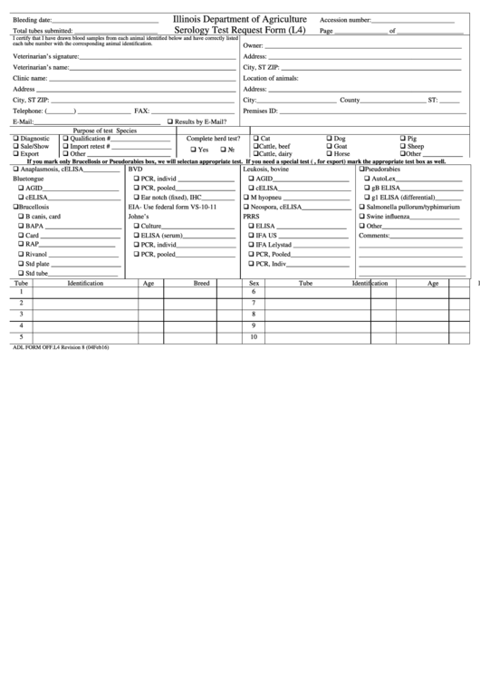 Fillable Form Off.l4 - Serology Test Request Form (L4) - Illinois Department Of Agriculture Printable pdf