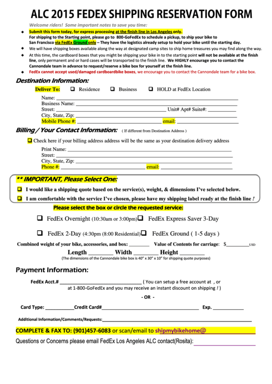 Alc 2015 - Fedex Shipping Reservation Form Printable pdf
