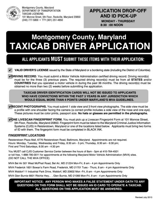 Taxicab Driver Application - Montgomery County Printable pdf