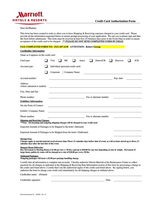 Credit Card Authorization Form - Marriott Hotels And Resorts Printable pdf