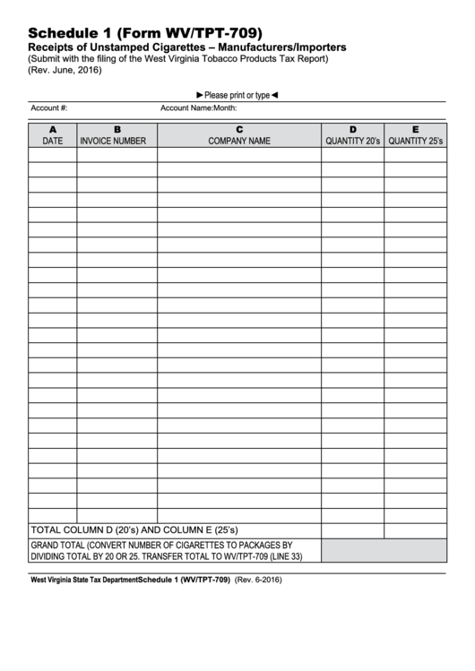 Schedule 1 (Form Wv/tpt-709) - Receipts Of Unstamped Cigarettes - Manufacturers/importers Printable pdf