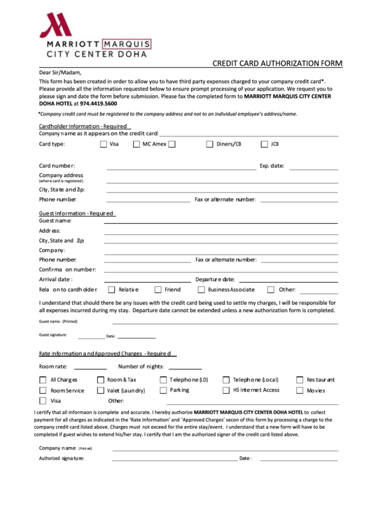 Credit Card Authorization Form - Marriott Maquis City Center Doha Printable pdf
