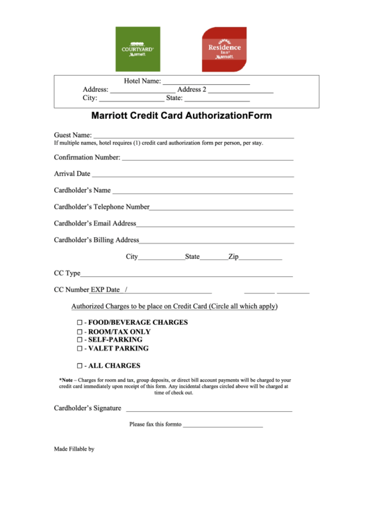 Fillable Marriott Credit Card Authorization Form - Residence Inn And Courtyard Printable pdf