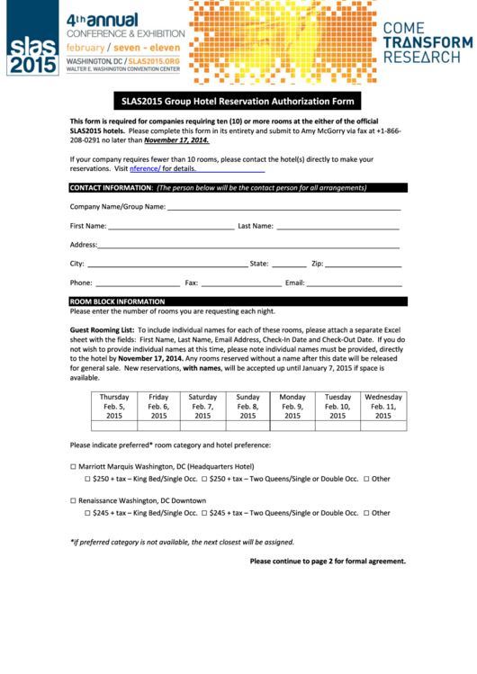 Fillable Slas2015 Group Hotel Reservation Authorization Form Printable pdf