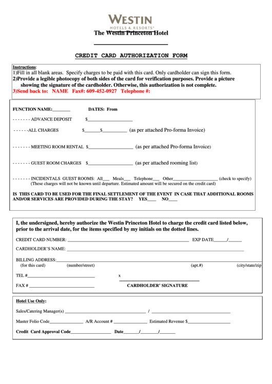Credit Card Authorization Form - Westin Princeton Hotel Printable pdf