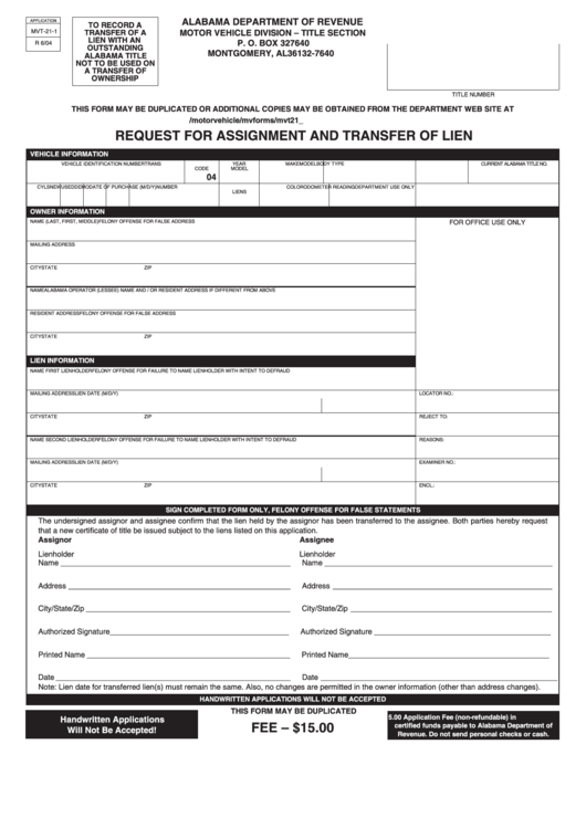 Fillable Form Mvt-21-1 - Request For Assignment And Transfer Of Lien - Alabama Department Of Revenue Printable pdf
