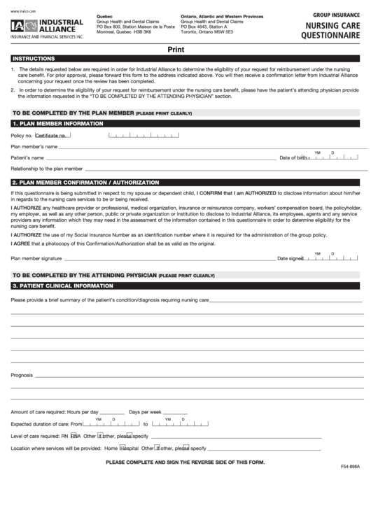Fillable Nursing Care Questionnaire - Group Insurance Form Printable pdf