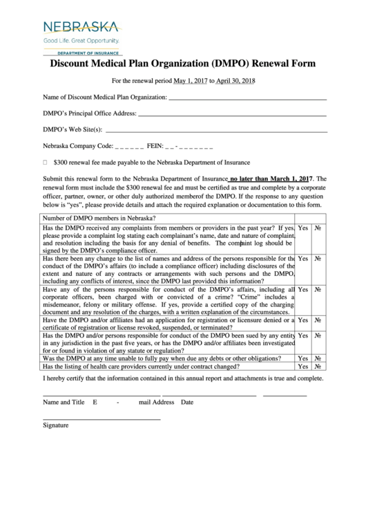 Discount Medical Plan Organization (Dmpo) Renewal Form - Nebraska Department Of Insurance Printable pdf