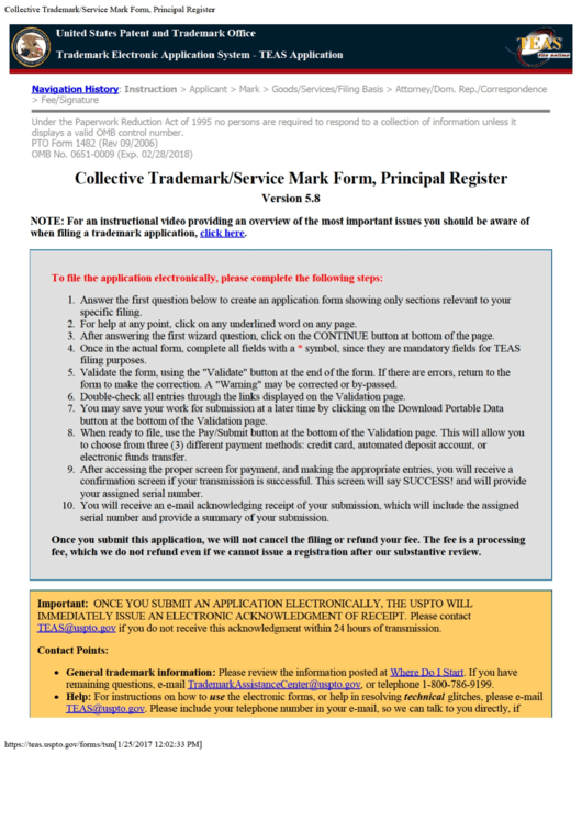 Pto Form 1482 - Collective Trademark/service Mark - Trademark Electronic Application System - Teas Application Printable pdf