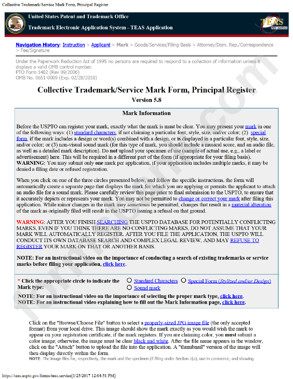 Pto Form 1482 - Collective Trademark/service Mark - Trademark Electronic Application System - Teas Application