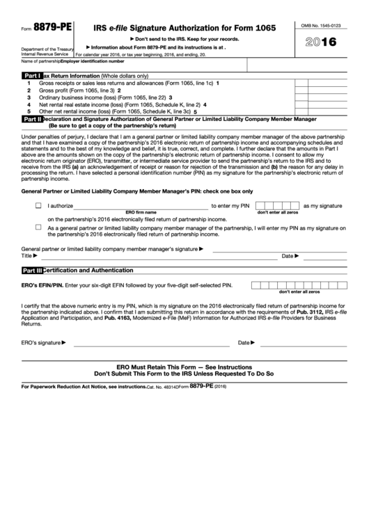 Fillable Form 8879-Pe - Irs E-File Signature Authorization For Form 1065 - 2016 Printable pdf