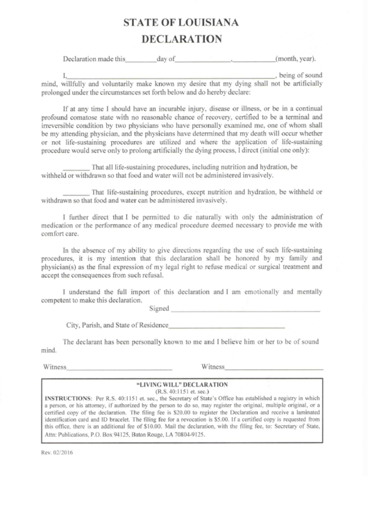 Declaration - State Of Louisiana Printable pdf