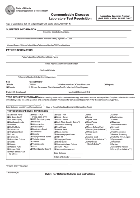 Fillable Form Il 482-1039 - Communicable Diseases Laboratory Test Requisition - Illinois Department Of Public Health Printable pdf