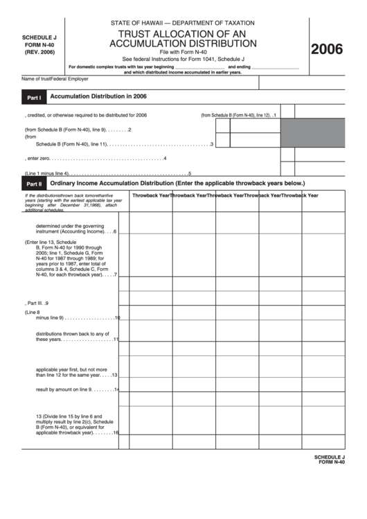 Form N-40 - Schedule J - Trust Allocation Ofhawaii Form N-40 Schedule J An Accumulation Distribution - 2006 Printable pdf