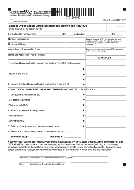 Georgia Form 600-T - Exempt Organization Unrelated Business Income Tax Return Printable pdf