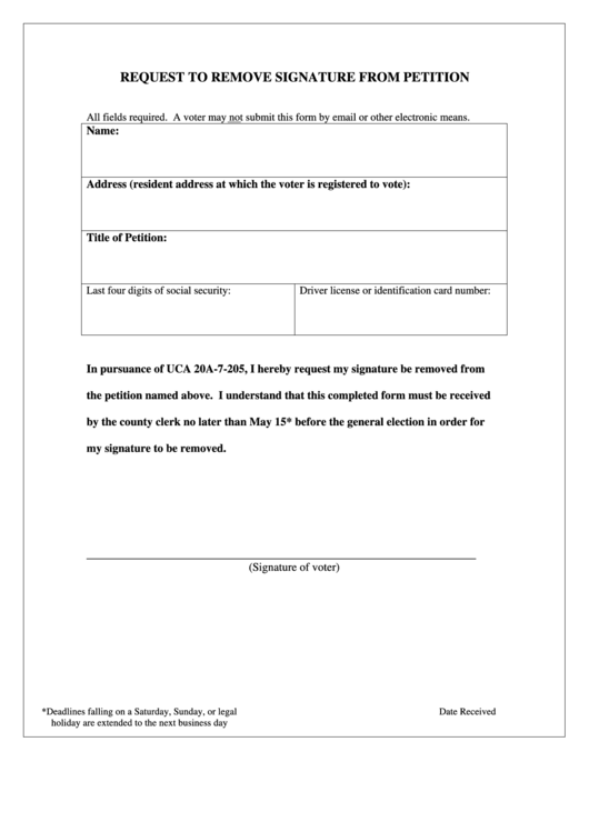 Request To Remove Signature From Petition Form Printable pdf