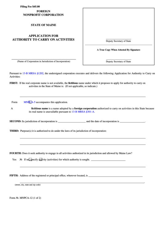 Fillable Form Mnpca-12 - Application For Authority To Carry On Activities - State Of Maine Printable pdf