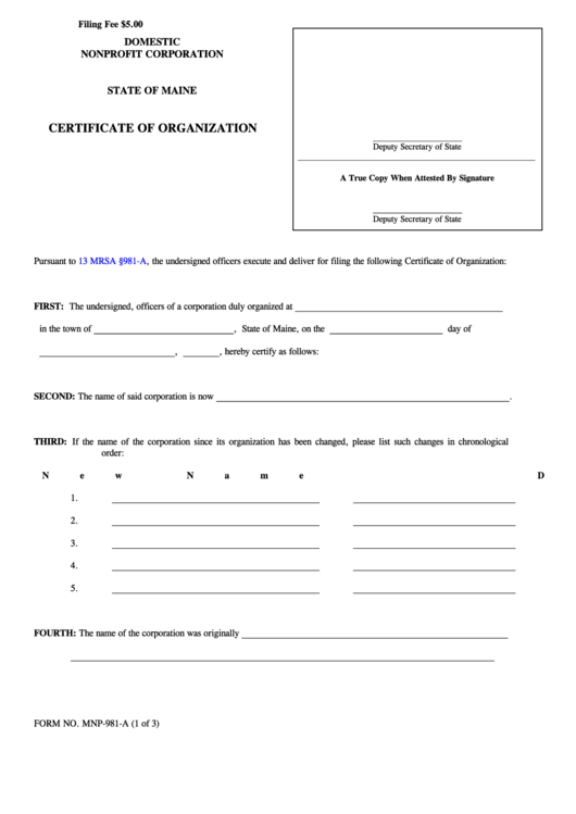 Fillable Form Mnp-981-A - Certificate Of Organization Printable pdf