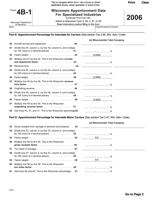 Fillable Form 4b-1 - Wisconsin Apportionment Data For Specialized Industries - 2006 Printable pdf