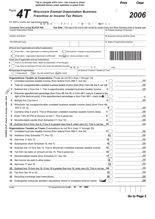 Fillable Form 4t - Wisconsin Exempt Organization Business Franchise Or Income Tax Return - 2006 Printable pdf