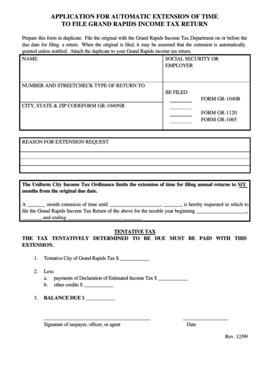 Application For Automatic Extension Of Time To File Grand Rapids Income Tax Return Form Printable pdf