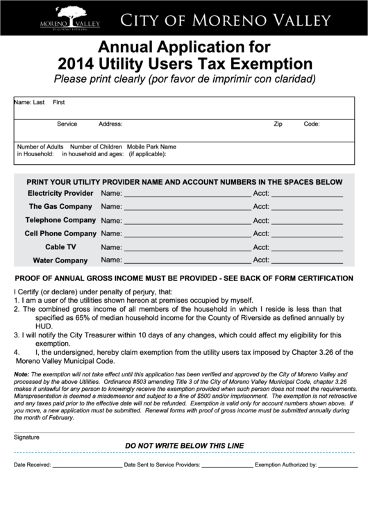 Fillable Annual Application For Utility Users Tax Exemption - City Of Moreno Valley - 2014 Printable pdf