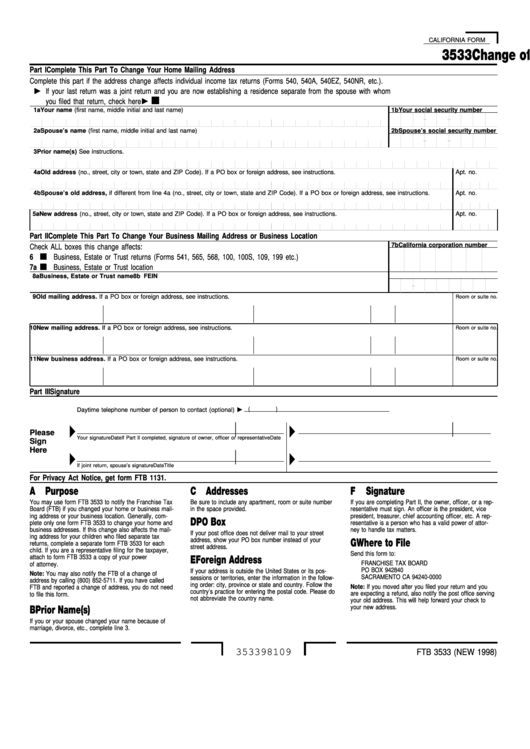 Fillable Form 3533 - Change Of Address - California Printable pdf