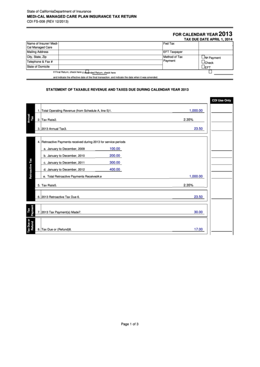 Form Cdi Fs-008 - Medi-Cal Managed Care Plan Insurance Tax Return - 2013 Printable pdf
